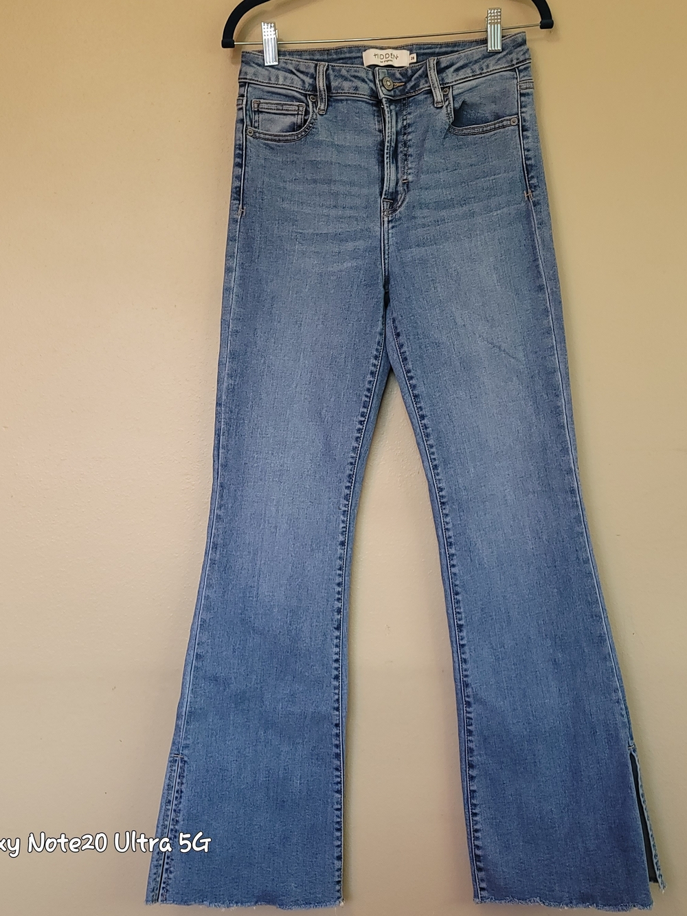 Hidden Jeans High Rise Flare Side Slit Raw Hem Medium Wash Blue Sz 28